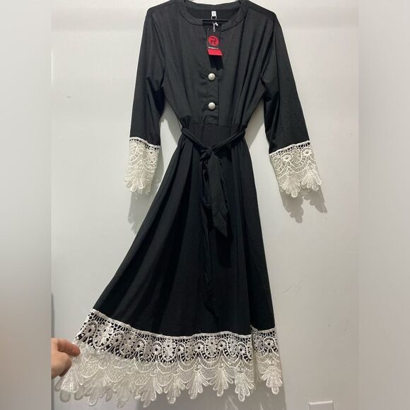 Black Long Sleeve Gown with Tie Front - Picture 1 of 5